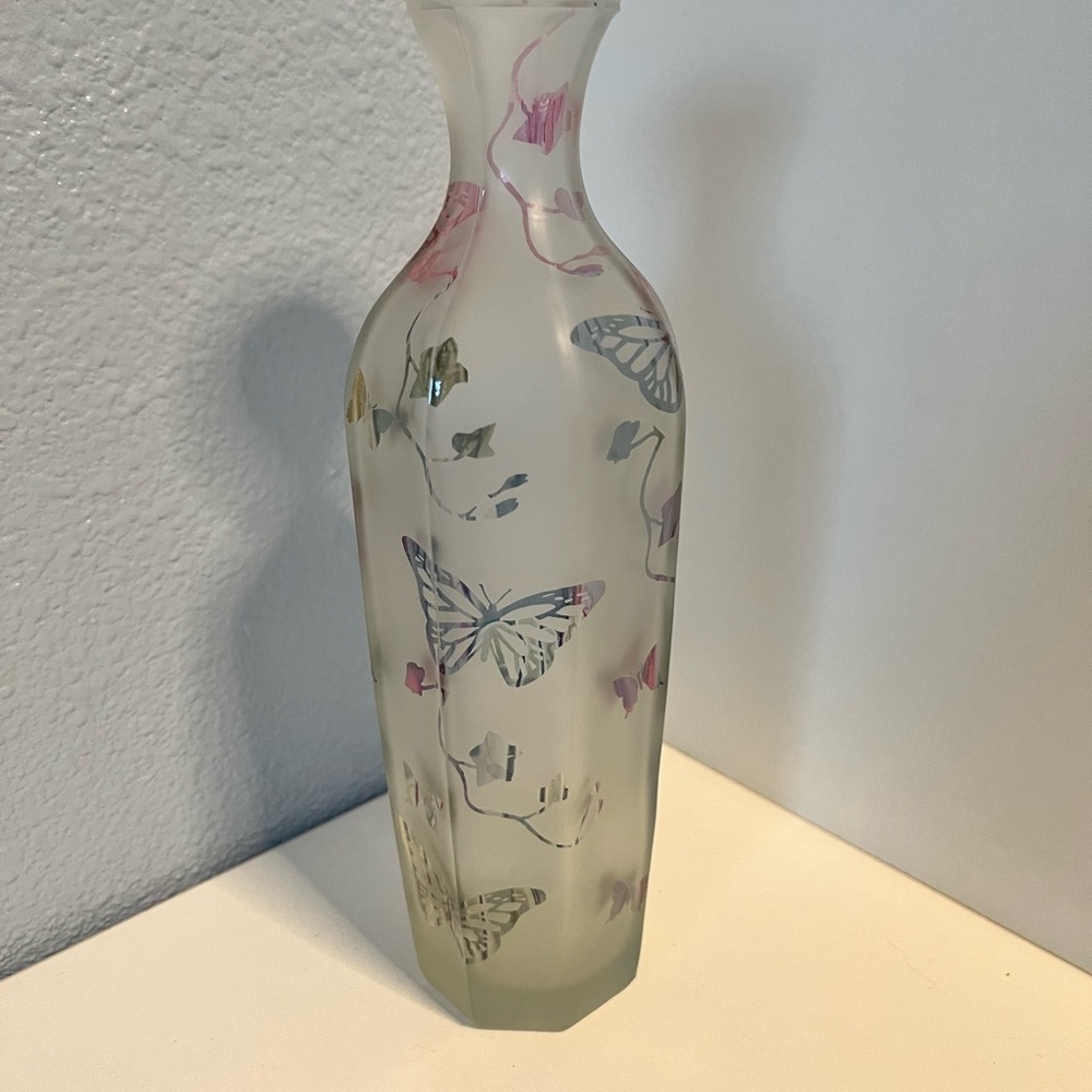 Frosted Glass Vase with Butterfly & Vine Motif Brody Co 215 Signed 9” Tall